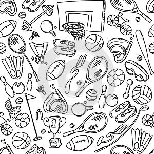 Seamless pattern background Sports Equipment kids hand drawing set illustration isolated on white