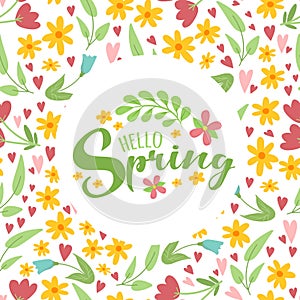 Seamless pattern background with spring floral elements in simple flat hand drawn style and lettering text Hello Spring vector.