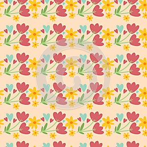 Seamless pattern background with spring floral elements in simple flat hand drawn style in line.Cute vector wallpaper background.