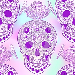 Seamless pattern, background with sugar skull and floral patter