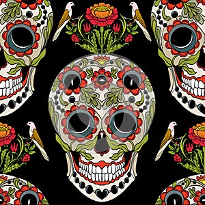 Seamless pattern, background with sugar skull and floral patter