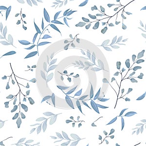 Seamless pattern, background, texture print with light watercolor hand drawn blue color dusty leaves, fern greenery forest