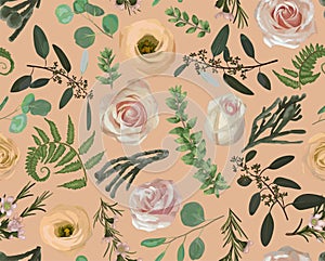 Seamless pattern, background, texture print vector. Pink rose flowers, eustoma cream, brunia, green fern, eucalyptus, branches