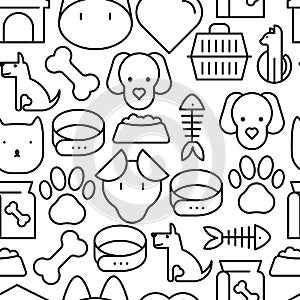 Seamless pattern and background with thin line icons related to pets and animals for pet shop websites and prints. Vector