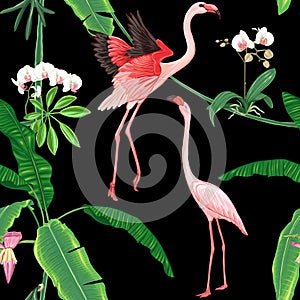 Seamless pattern, background. with tropical plants and flowers with white orchid flowers and tropical birds.