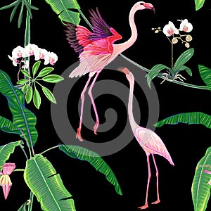 Seamless pattern, background. with tropical plants and flowers with white orchid flowers and tropical birds.