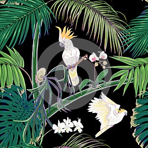 Seamless pattern, background. with tropical plants and flowers with white orchid flowers and tropical birds.