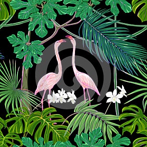 Seamless pattern, background. with tropical plants and flowers with white orchid flowers and tropical birds.