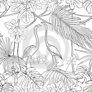 Seamless pattern, background. with tropical plants and flowers with white orchid flowers and tropical birds.n