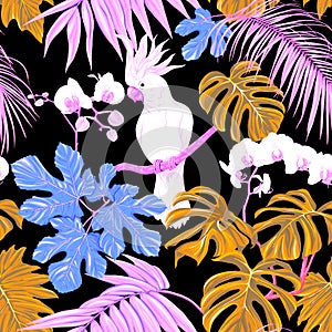 Seamless pattern, background. with tropical plants and flowers with white orchid flowers and tropical birds.n