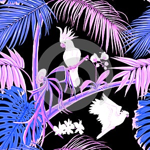 Seamless pattern, background. with tropical plants and flowers with white orchid flowers and tropical birds.n