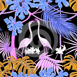 Seamless pattern, background. with tropical plants and flowers with white orchid flowers and tropical birds.n