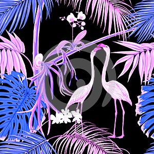 Seamless pattern, background. with tropical plants and flowers with white orchid flowers and tropical birds.n