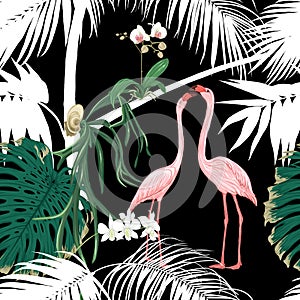 Seamless pattern, background. with tropical plants and flowers with white orchid flowers and tropical birds.n