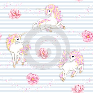 Seamless pattern, background with unicorn and vintage flowers. Vector illustration.