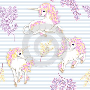 Seamless pattern, background with unicorn and vintage flowers. Vector illustration.