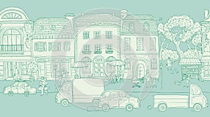 Seamless pattern background. Vector illustration. Urban street in the historic European city. People walking