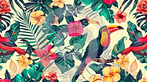 Seamless pattern background with vibrant colors of tropical rainforests, birds and flowers.