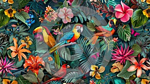 Seamless pattern background with vibrant colors of tropical rainforests, birds and flowers.