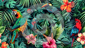 Seamless pattern background with vibrant colors of tropical rainforests, birds and flowers.