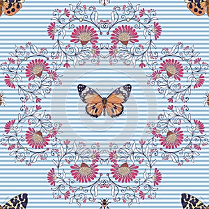 Seamless pattern, background with vintage style flowers and anim