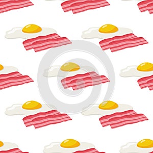 Seamless pattern with bacon strips and fried eggs on white background