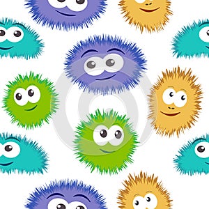 Seamless pattern bacteria with colorful monster face. Vector background with cartoon funny germs