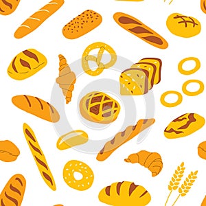 Seamless pattern with bakery and confectionery food. Funny doodle hand drawn texture for fabric, wrapping, textile.