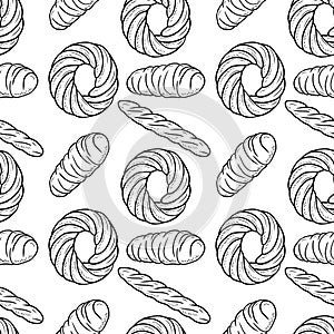 Seamless pattern with bakery products bread and ring shape pastry bun. Hand drawn vector sketch illustration in doodle engraved