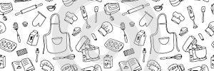 Seamless pattern of baking accessories. Kitchen utensils in doodle style. Vector