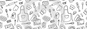 Seamless pattern of baking accessories. Kitchen utensils in doodle style. Vector