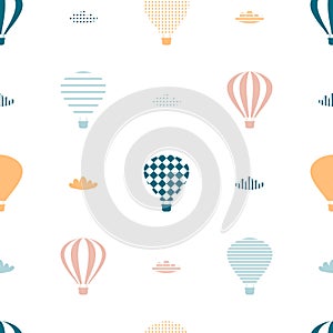 Seamless pattern with balloons and clouds fly in the sky. Perfect print for tee, textile, paper and fabric. Retro vector