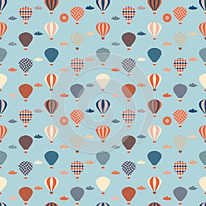 Seamless pattern with balloons, clouds and sun in the sky. Perfect print for tee, textile, paper and fabric. Retro style