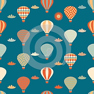 Seamless pattern with balloons, clouds and sun in the sky. Perfect print for tee, textile, paper and fabric. Retro style vector