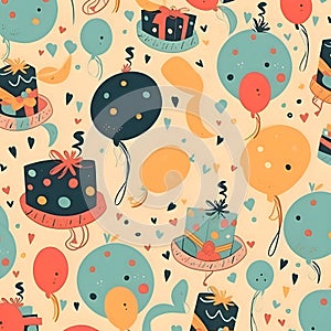 Seamless pattern with balloons, gifts and confetti. Vector illustration
