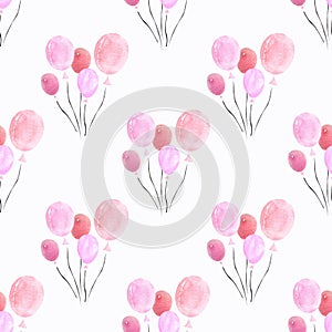 Seamless pattern with balloons on white background Watercolor illustration. Valentines day