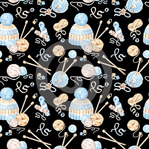 Seamless pattern of balls and skeins of wool, knitting needles and hat on black background. Watercolor backdrop of