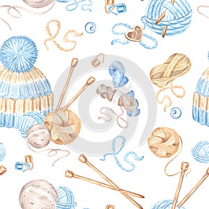 Seamless pattern of balls and skeins of wool, knitting needles and hat on white background. Watercolor backdrop of