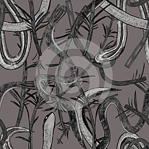 Seamless pattern with bamboo leaves and branches, and snakes on gray background. Animalistic print. Packaging, fighting, combat de