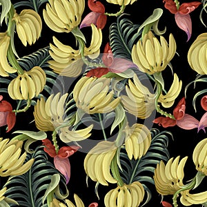 Seamless pattern with banana fruits and leaves. Vector.