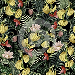 Seamless pattern with banana fruits and leaves. Vector.