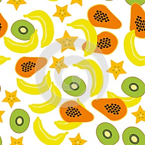 Seamless pattern with banana, papaya, kiwi, carambola on the white background.