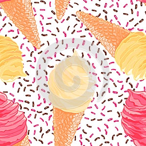 Seamless pattern with banana, pink, vanilla ice cream cones. Summer texture