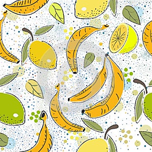 Pattern With Bananas and Pears. Scandinavian Hand Drawn Style