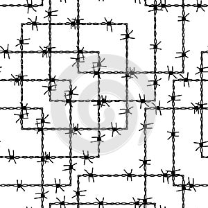 Seamless pattern with barbed wire. Abstract background with black steel wire isolated on white. Silhouette with wire chain. Vector