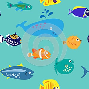Seamless pattern with bare marine tropical fish