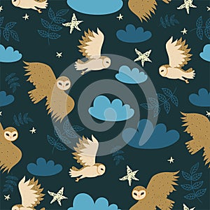 Seamless pattern with barn owls, stars and clouds. Vector graphics