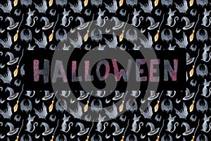 Seamless pattern of bat, cat, broom, hat for Happy Halloween. Hand drawn watercolour painting on black clip art graphic