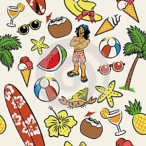 Seamless Pattern Beach Boy Suring Tropical