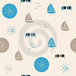 Seamless pattern beach life sail boat sunglasses and sun symbol